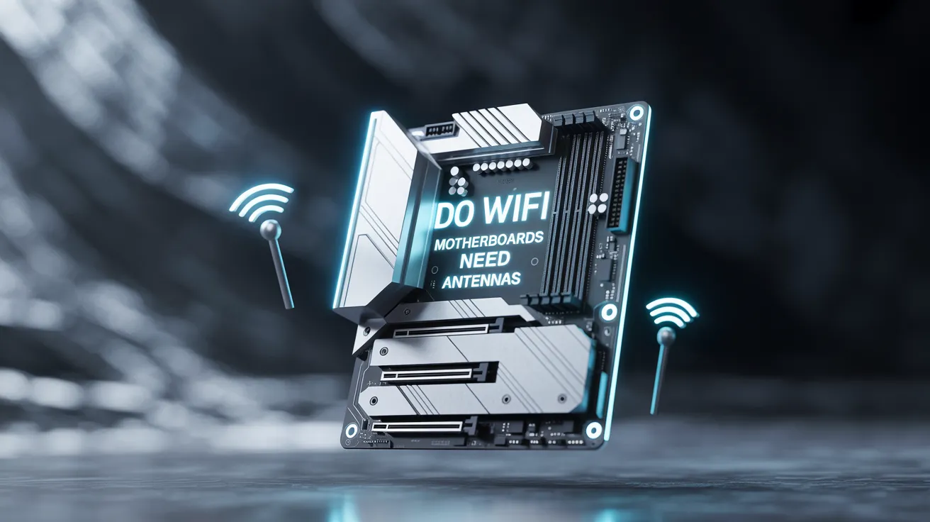 Motherboard with WiFi capabilities and antennas, highlighting the question: 'Do WiFi motherboards need antennas?' in a modern, tech-inspired design