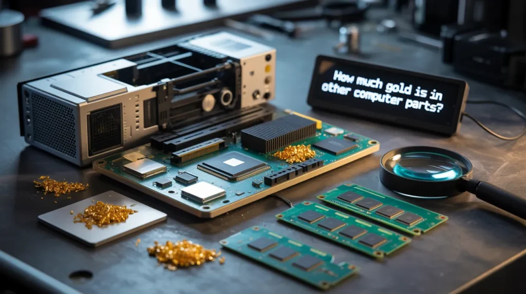 How much gold is in a motherboard and other computer parts, including CPU, RAM, and circuit boards with gold traces?