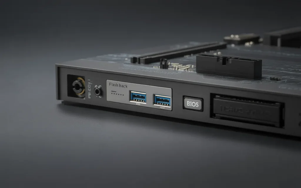 Look for a Flashback USB port and a small BIOS button on the rear panel of the motherboard