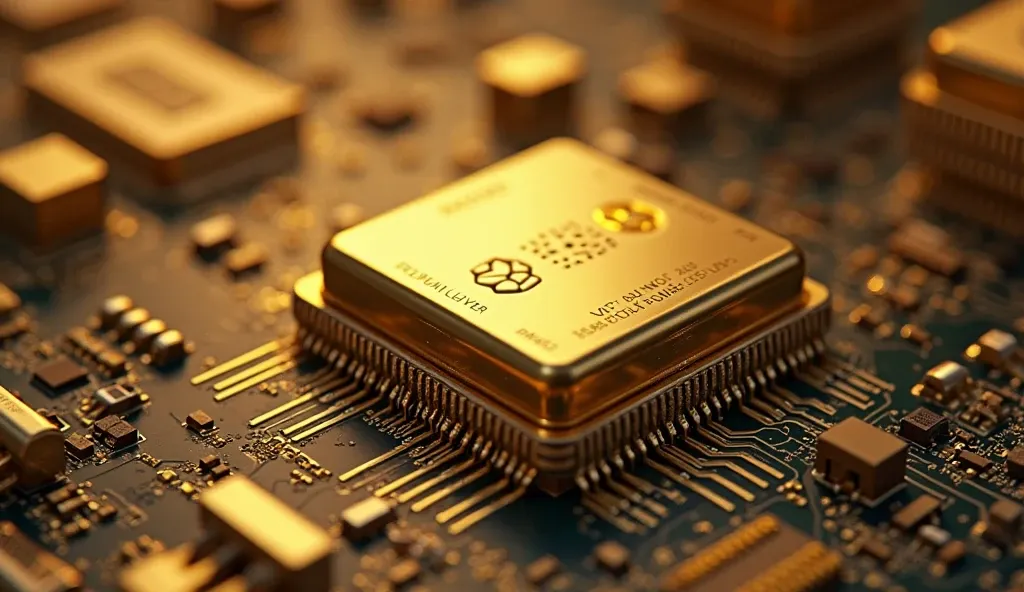Close-up of a golden CPU on a motherboard, highlighting the use of gold in electronic components like processors