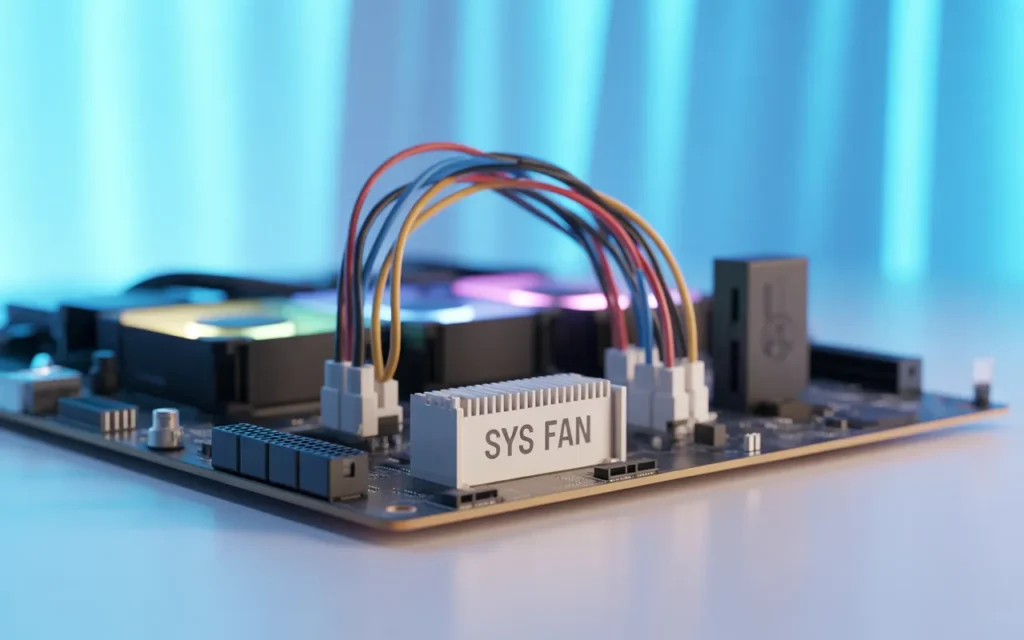 Close-up of SYS FAN header on a motherboard with connected fan cables for PC cooling – What Is the SYS FAN on a Motherboard