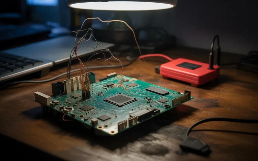 Close-up of a damaged motherboard with wires attached for testing, illuminated under a lamp, showcasing electrical connections and potential damage.