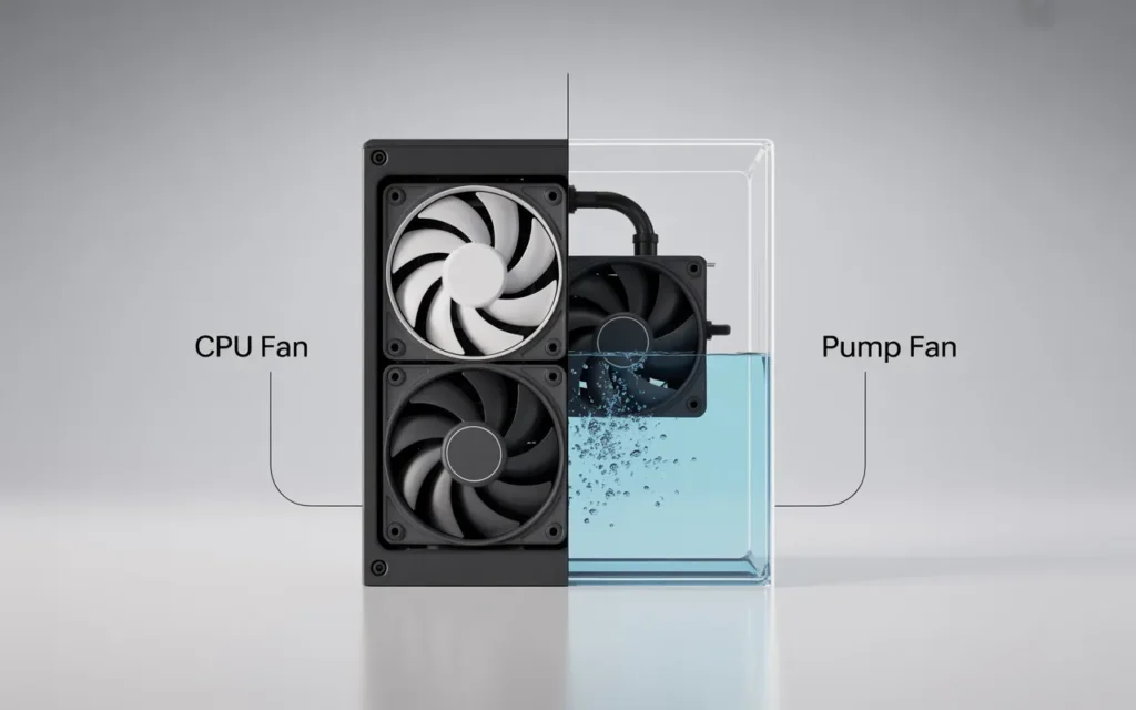Comparison of CPU fan and pump fan showing airflow vs liquid cooling system with water circulation