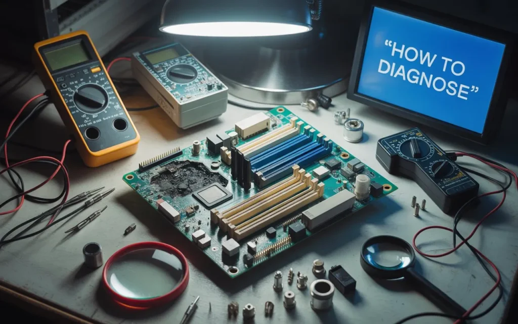 Close-up of a damaged motherboard with burn marks, surrounded by diagnostic tools and a screen displaying 'How to Diagnose if Your Motherboard is Fried,' showing the repair process