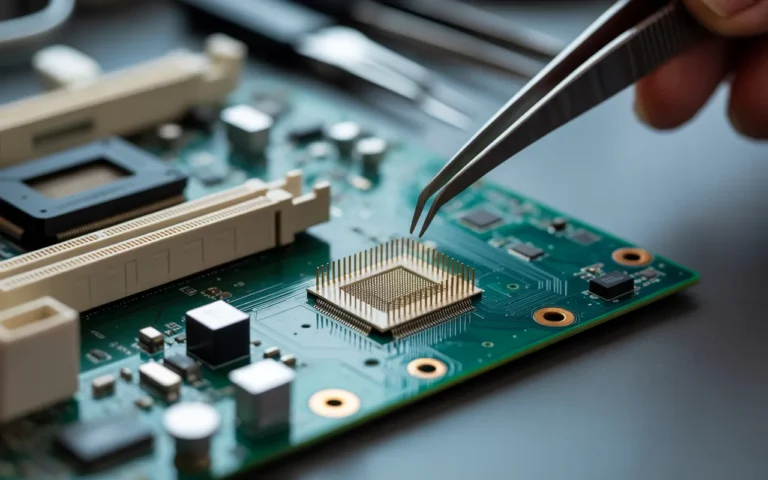 Fixing bent CPU socket pins on a motherboard using tweezers in a motherboard repair close-up