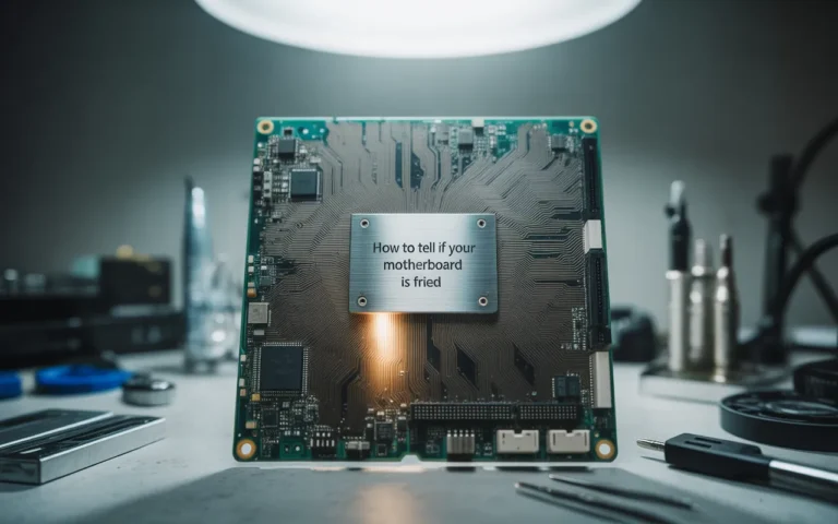 Close-up of a computer motherboard with a metallic label reading 'How to tell if your motherboard is fried', showcasing the detailed circuits and components of the motherboard.