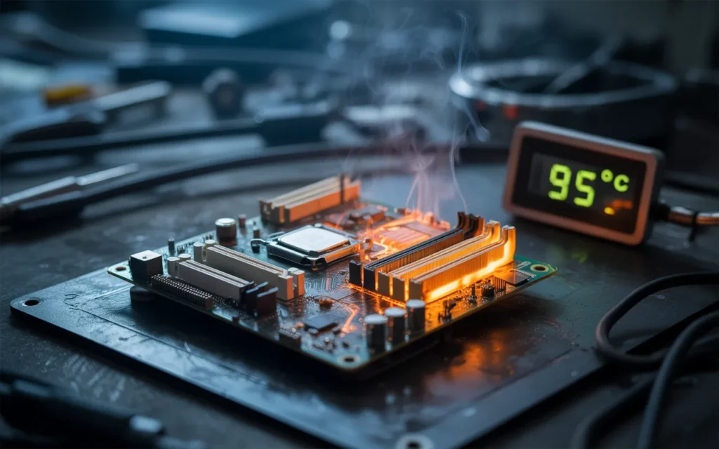 Close-up of an overheating motherboard with visible smoke and a temperature reading of 95°C, indicating potential damage and that the motherboard is fried