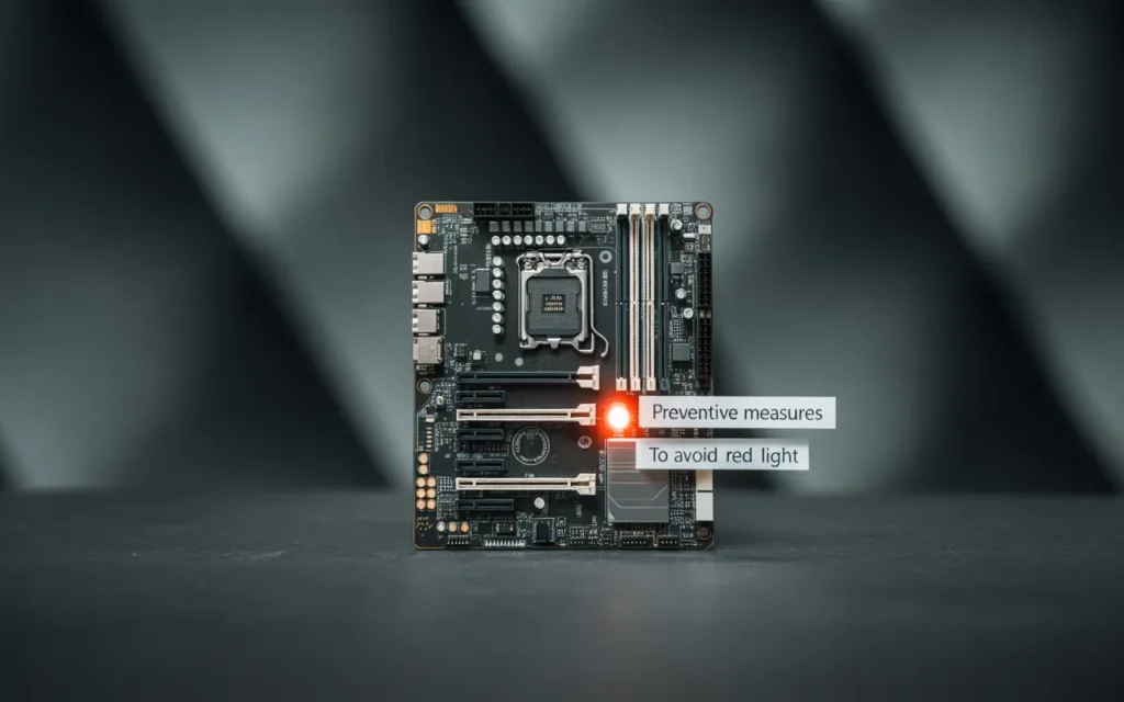 Motherboard showing a red light with text 'Preventive measures to avoid red light on your motherboard,' suggesting solutions to prevent hardware issues