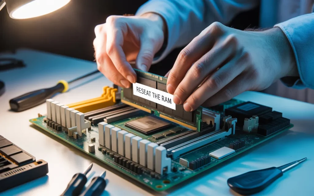 Hand reseating the RAM sticks on a motherboard, with a visible label reading 'RESEAT THE RAM' to fix potential issues like a red light on the motherboard.