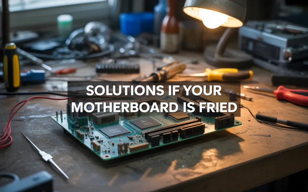 Close-up of a computer motherboard with visible tools and wires on a workbench, showing the process of repairing or troubleshooting a fried motherboard under a lamp.