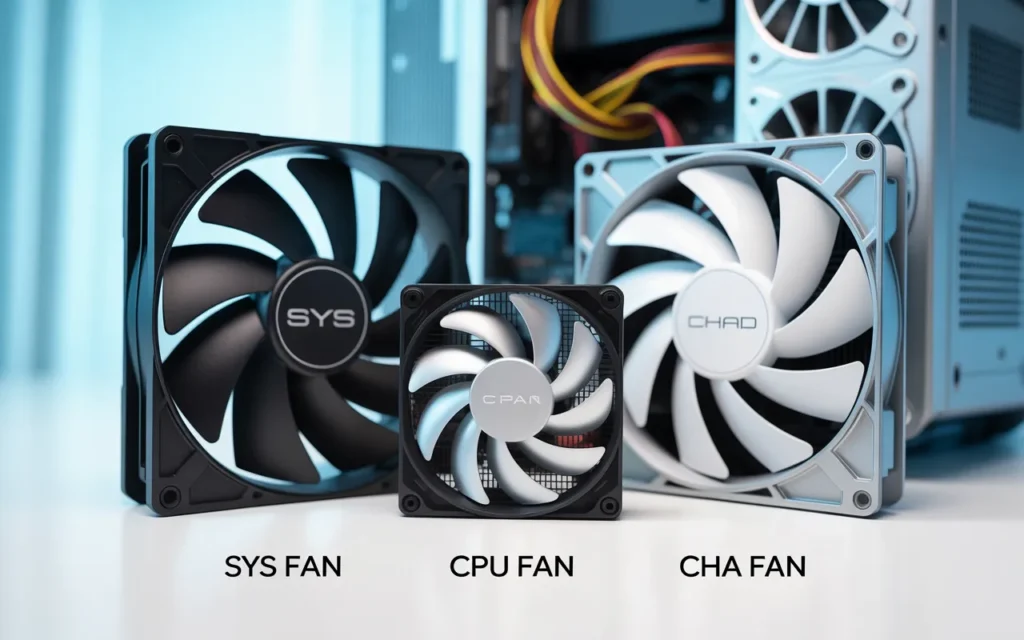 Comparison of SYS FAN, CPU FAN, and CHA FAN showing different PC cooling fan types and their roles – What Is the SYS FAN on a Motherboard