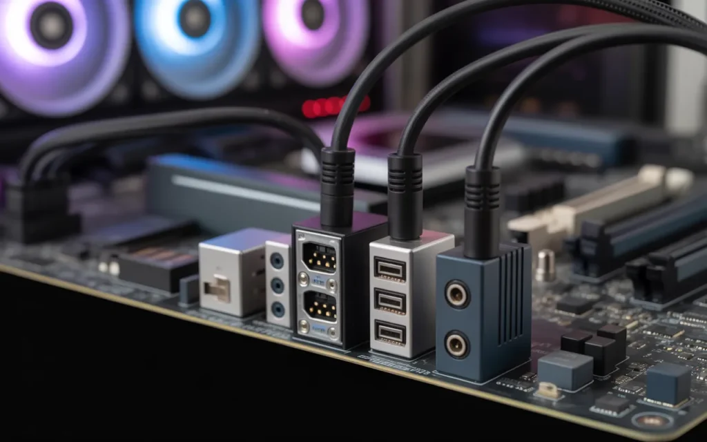 Close-up view of a motherboard with various ports, including USB, audio, and power connectors, showing cables plugged in for enhanced connectivity and convenience in PC setups.
