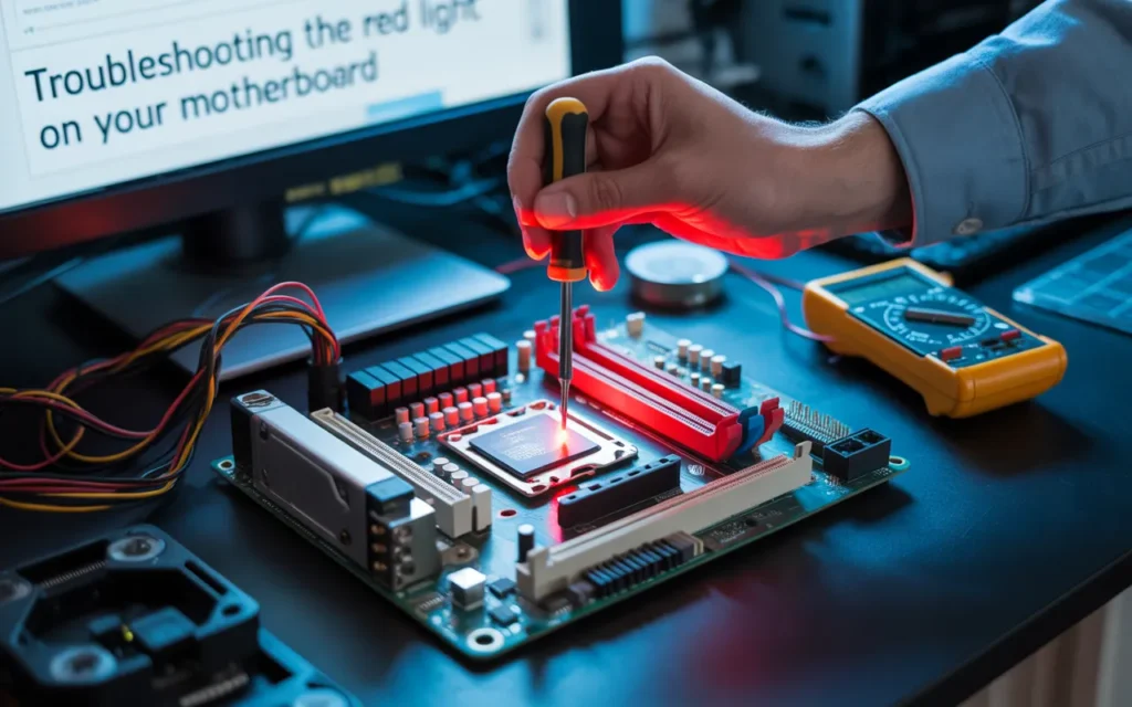 Hand troubleshooting a motherboard with a screwdriver while a monitor displays Troubleshooting the Red Light on Your Motherboard