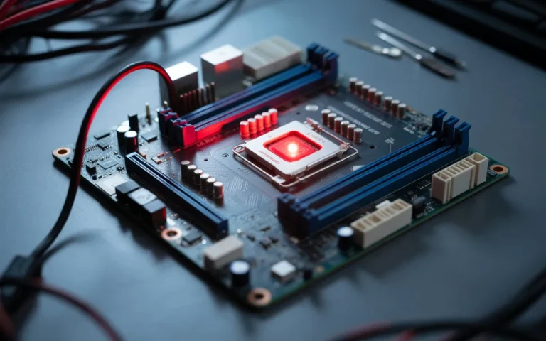 Close-up view of a motherboard with a red light, indicating an issue. The image illustrates the question: What Does a Red Light on the Motherboard Mean?