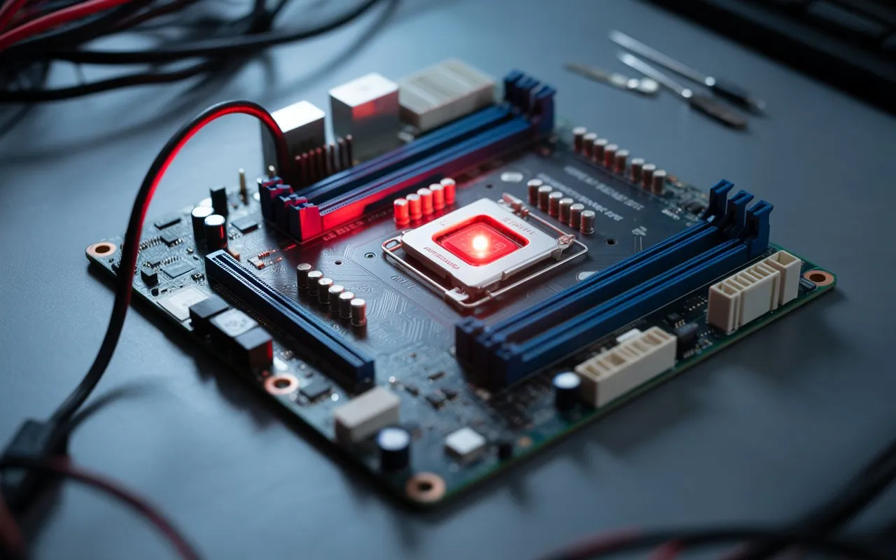 Close-up view of a motherboard with a red light, indicating an issue. The image illustrates the question: What Does a Red Light on the Motherboard Mean?