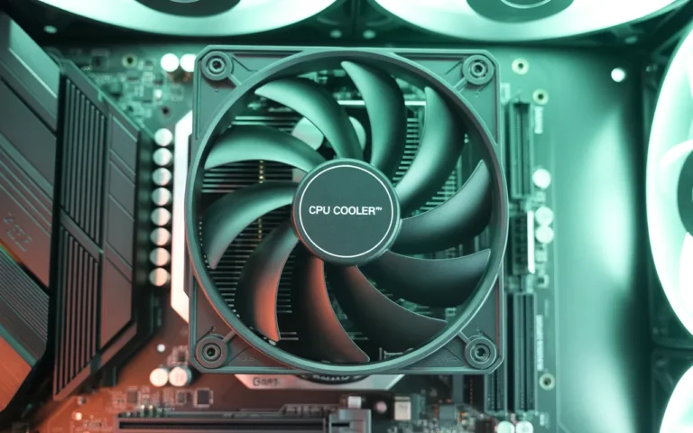 Close-up view of a CPU cooler fan installed on a gaming motherboard with heat sink and liquid cooling support.