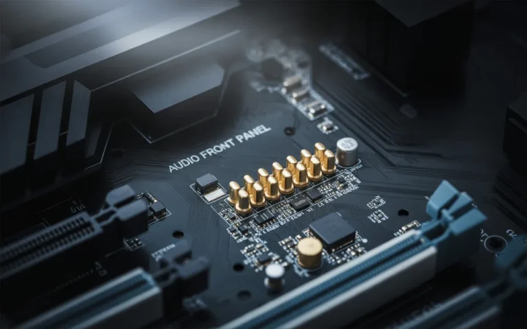 Close-up view of a motherboard showing the audio front panel (AAFP) connection pins. The AAFP header is crucial for connecting audio devices to the front panel of your PC. Understanding what is AAFP on a motherboard can help in proper audio configuration."