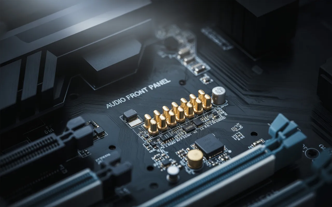 Close-up view of a motherboard showing the audio front panel (AAFP) connection pins. The AAFP header is crucial for connecting audio devices to the front panel of your PC. Understanding what is AAFP on a motherboard can help in proper audio configuration."